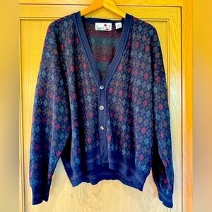 Vintage Florence Tricot Italy Argyle Cardigan Sweater / Wool / Medium